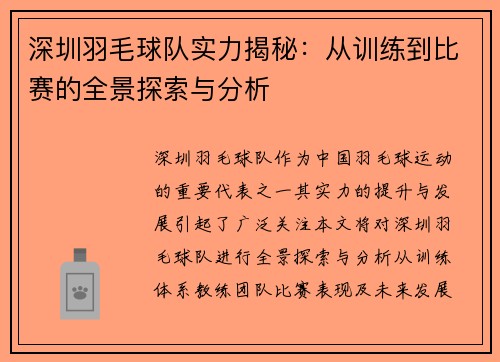 深圳羽毛球队实力揭秘：从训练到比赛的全景探索与分析