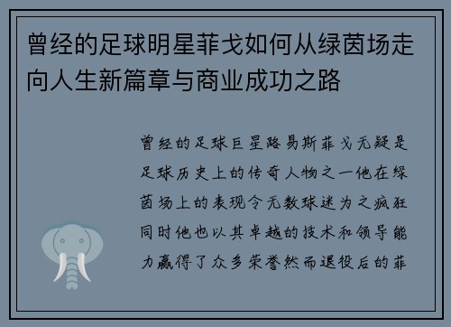 曾经的足球明星菲戈如何从绿茵场走向人生新篇章与商业成功之路