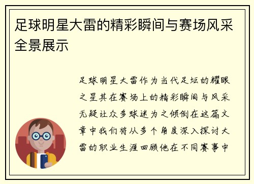 足球明星大雷的精彩瞬间与赛场风采全景展示